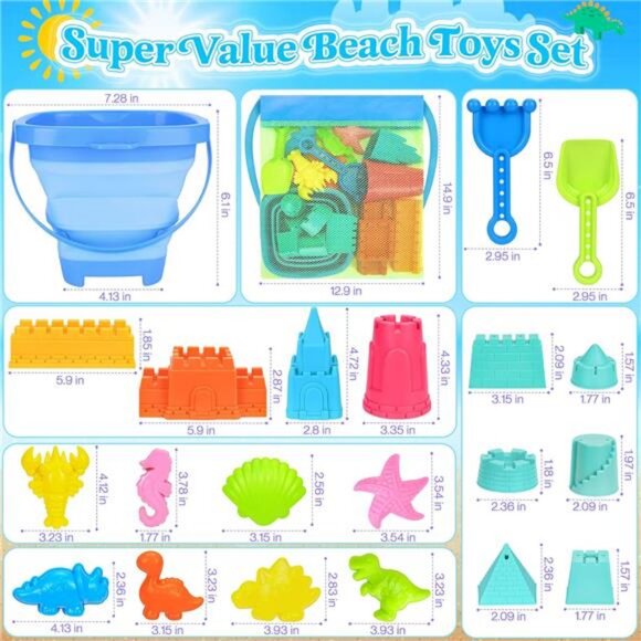 Collapsible Beach Toys for Kids, Sand Bucket and Shovels Set with Mesh Bag - Picture 7 of 8